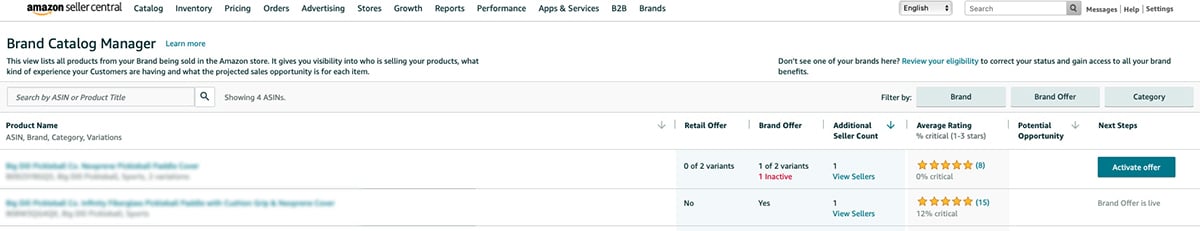 Screenshot of an Amazon seller's Brand Catalog Manager tool in Seller Central