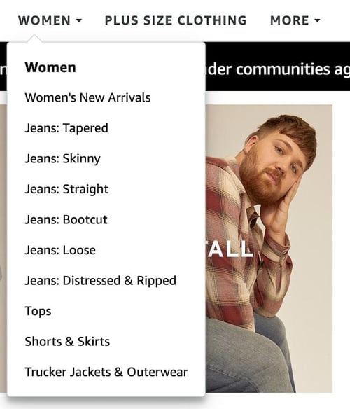 Levis Amazon brand store navigation dropdown