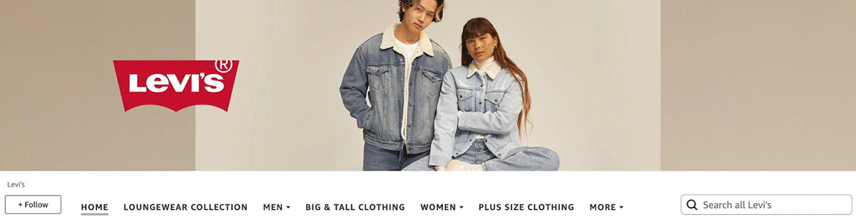 Levis Amazon brand store header and navigation menu