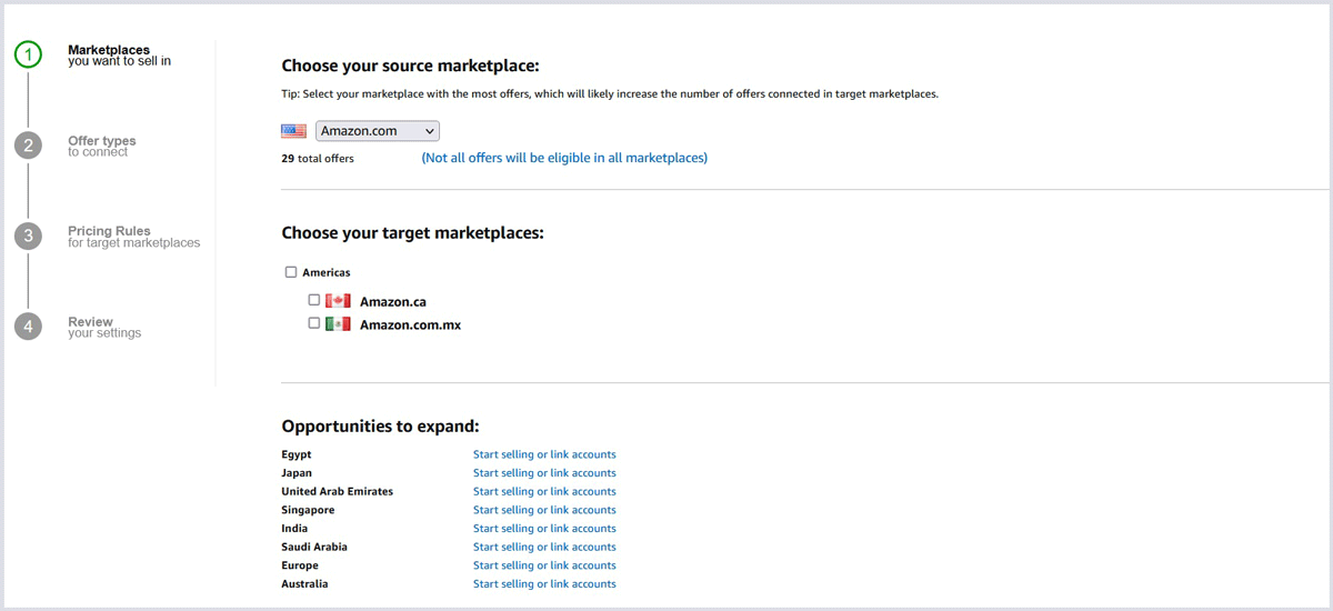 Choose your marketplace option in Amazon's Build International Listings tool
