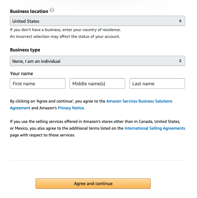 Business details window for creating an Amazon seller account