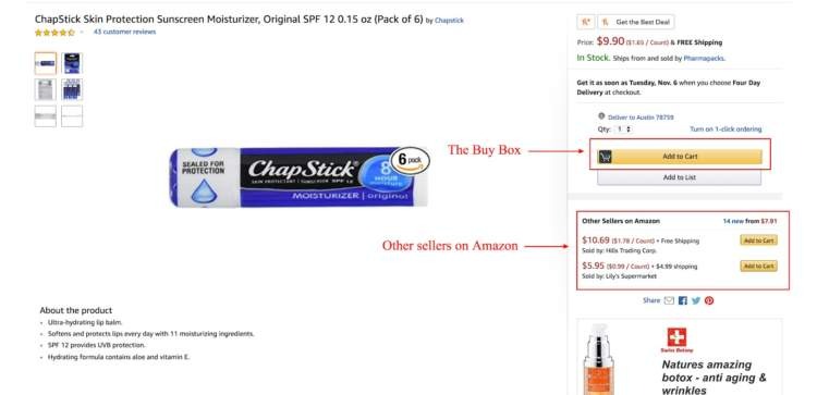 Amazon listing showing the Buy Box and other sellers on Amazon