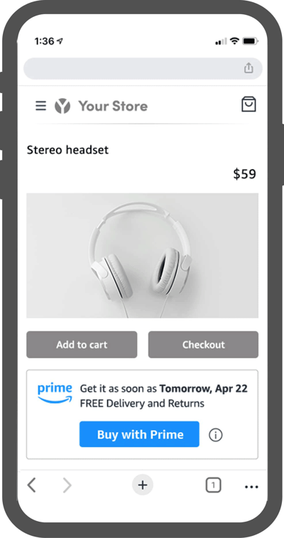 Buy with Prime checkout button on mobile browser for an eCommerce store