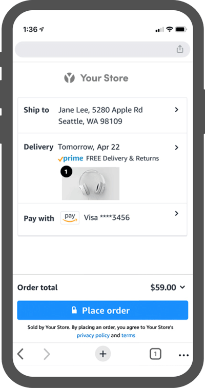 Buy with Prime place order button for Amazon Pay checkout on a mobile browser for an eCommerce store