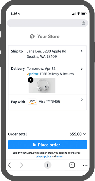 Buy with Prime place order button for Amazon Pay checkout on a mobile browser for an eCommerce store