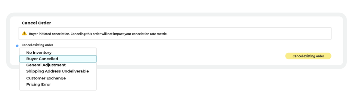 Cancel order dropdown with 'buyer cancelled' option selected