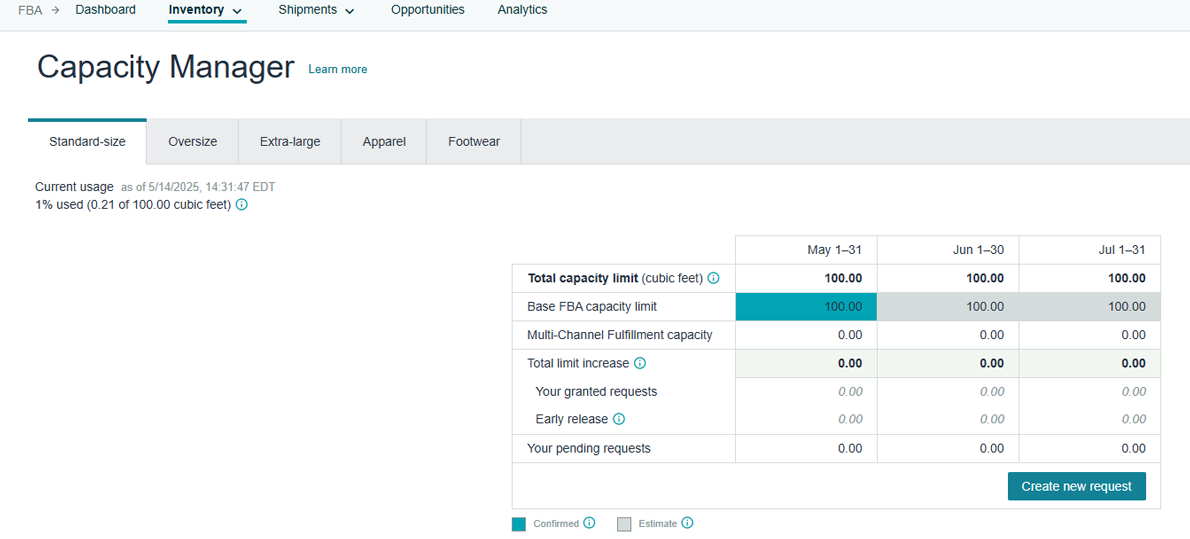 Capacity Manager Screenshot in Seller Central