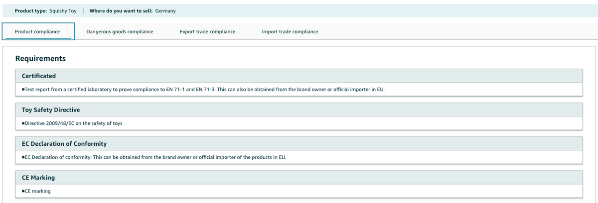 Product compliance tab in the Amazon Compliance Reference tool