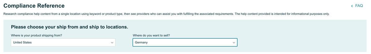 Ship from and ship to dropdown menu in the Amazon Compliance Reference tool