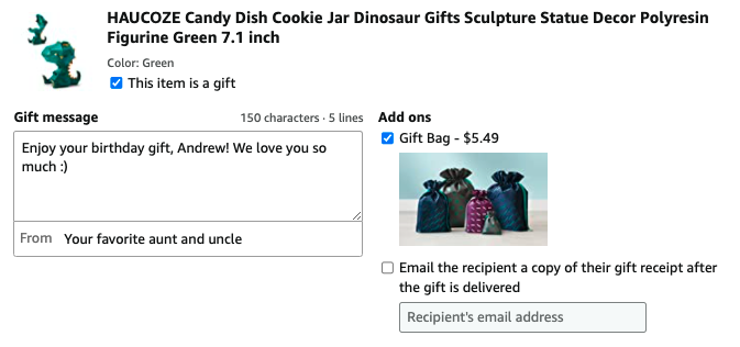 Cookie jar sold on Amazon marked as a gift and displaying a gift message
