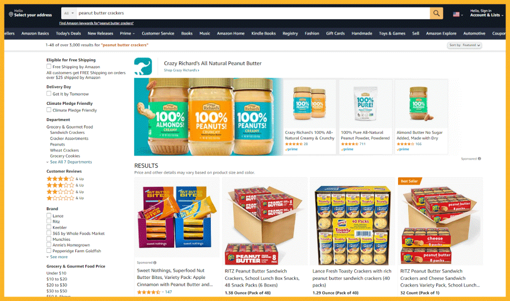 Amazon search results for query "peanut butter crackers"