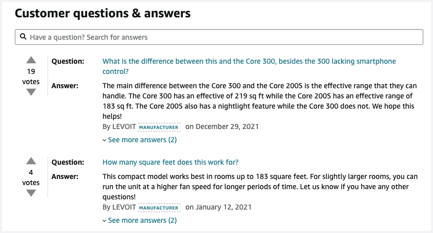 Customer questions and answers section on an Amazon product listing