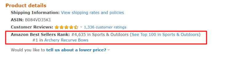 Amazon sales rank example for search query bow, first place in subcategory
