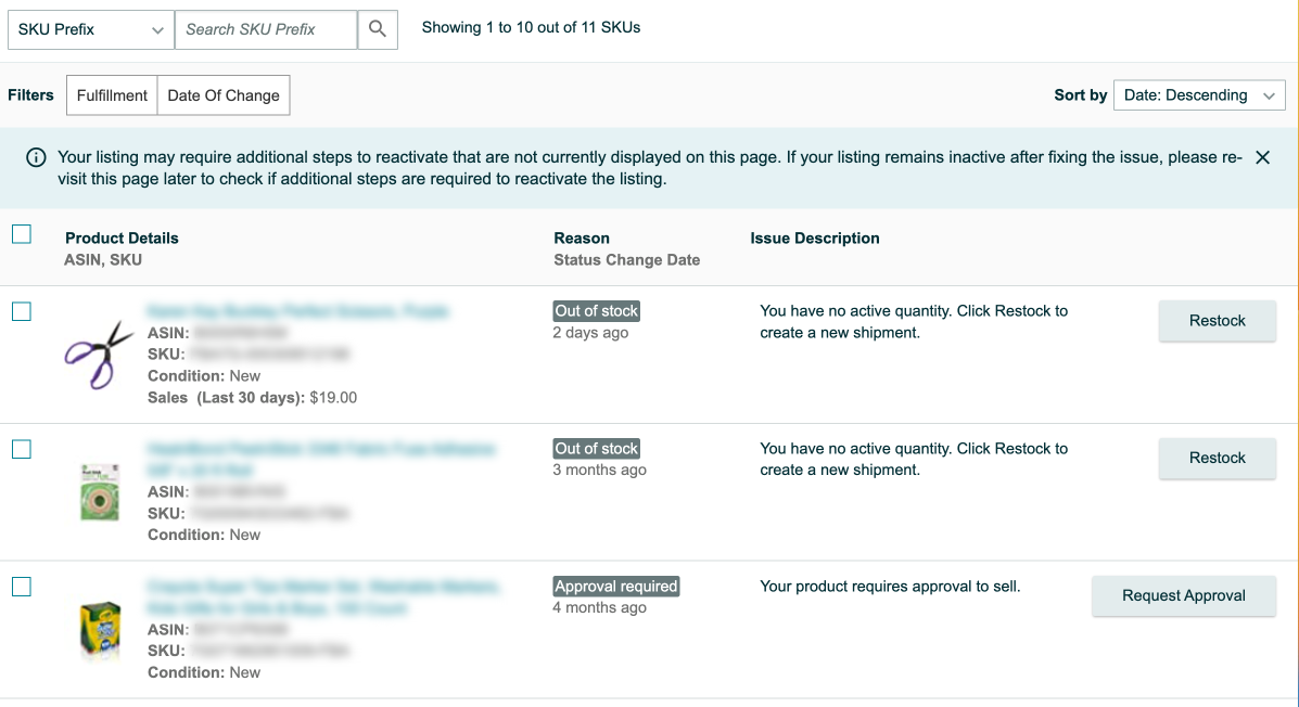 Inactive products on the Fix Your Products page in Seller Central