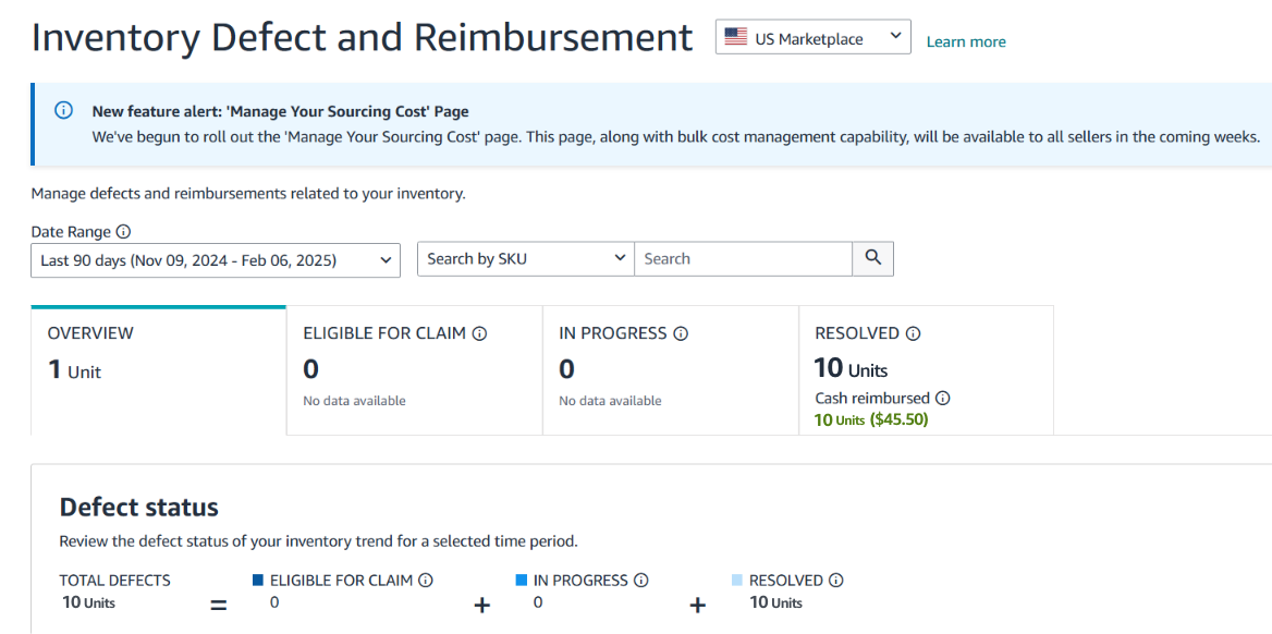 Amazon Inventory Defect and Reimbursement portal overview in Seller Central