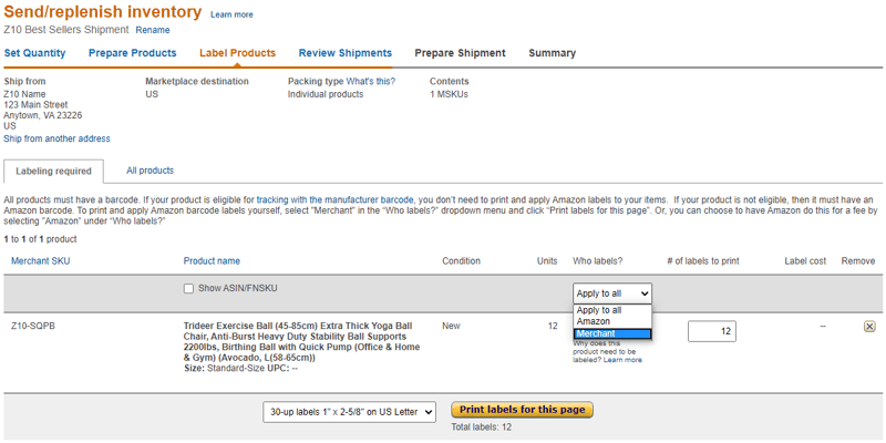 Label products for shipment to Amazon FBA tab in Seller Central