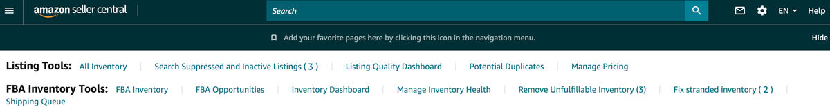 Amazon Manage Inventory dashboard with search suppressed listing tool