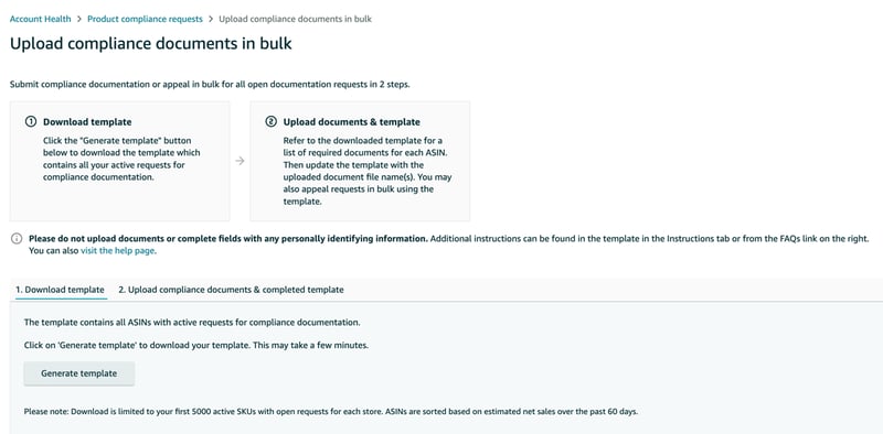 Upload compliance documents in bulk tab on the Amazon Manage your compliance dashboard