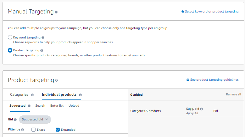 Manual and product targeting options in the Amazon Advertising console