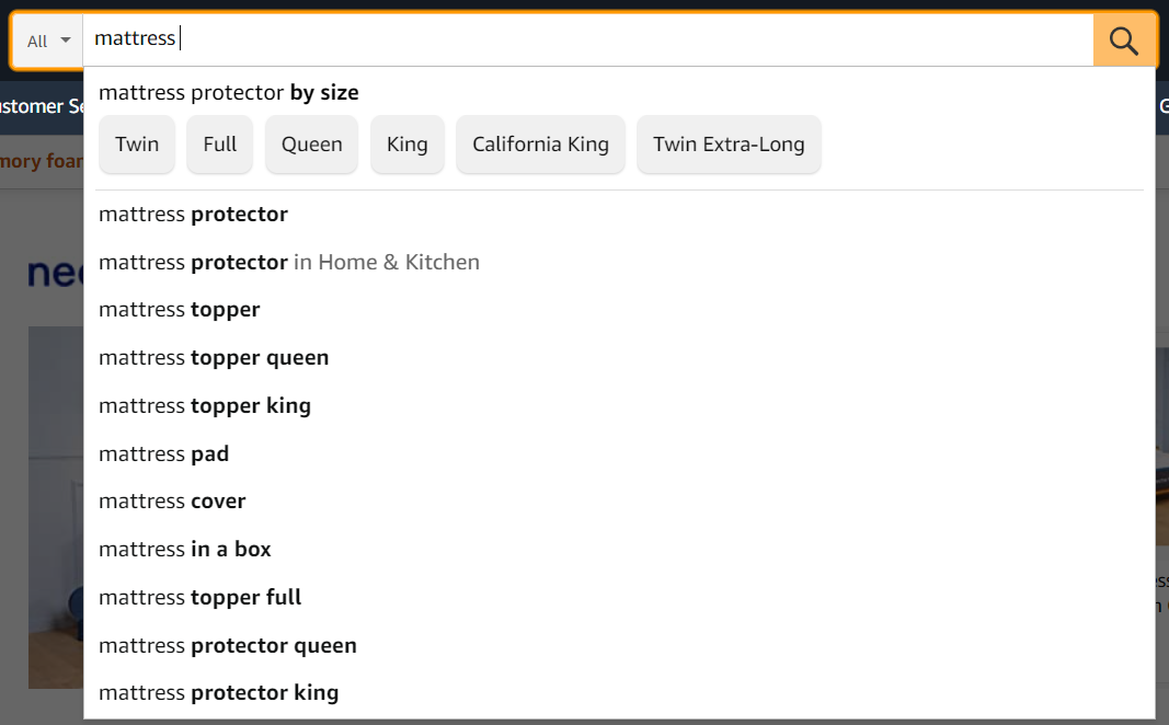 Amazon search query for the term "mattress"