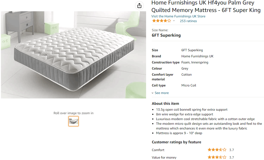 Amazon product listing for a memory mattress