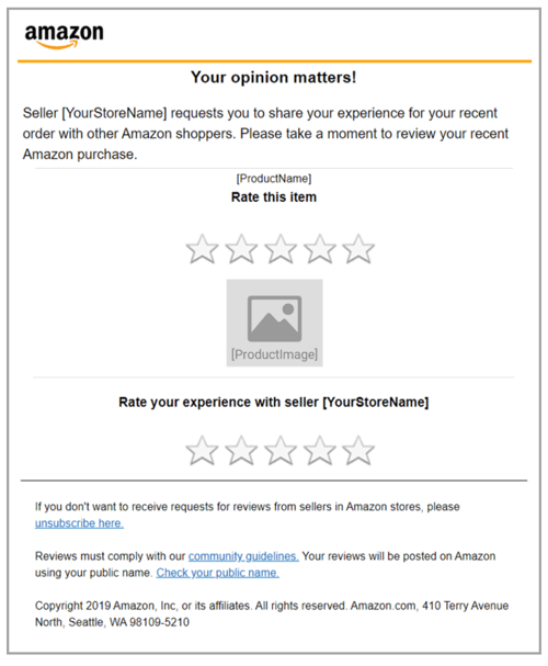 Example of the official Amazon feedback and review request message