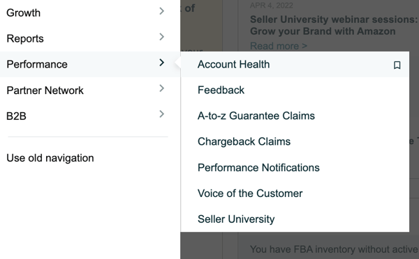 Performance menu and Account Health tab in Seller Central