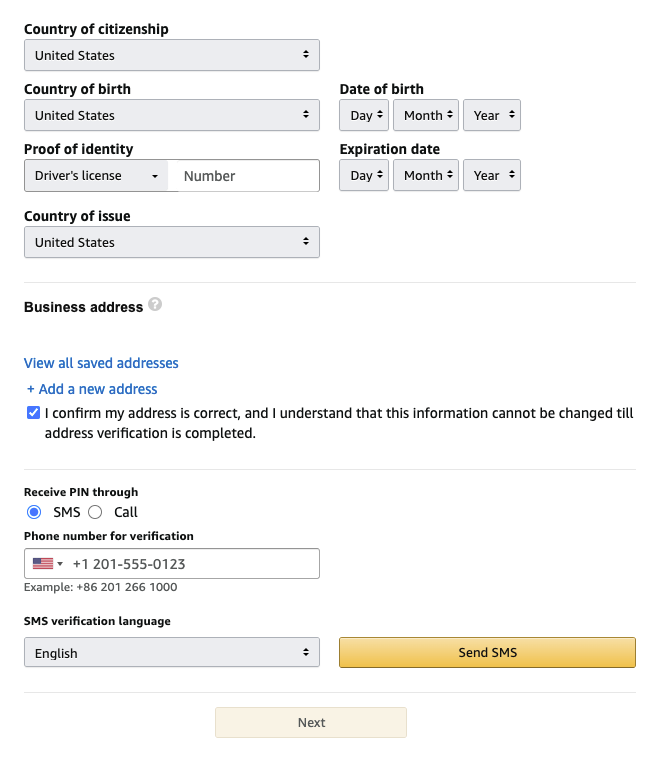 Personal details window for creating an Amazon seller account