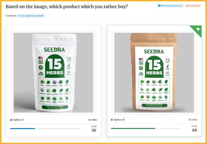 A/B test for herb seed on the PickFu platform