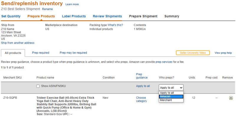 Prepare products for shipment to Amazon FBA tab in Seller Central