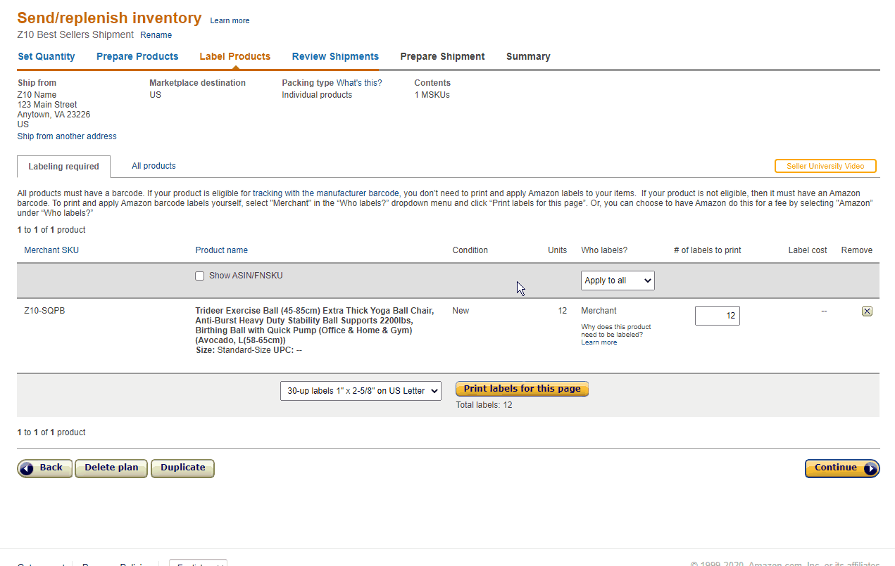 Animation showing how to print product labels for shipment to Amazon FBA in Seller Central