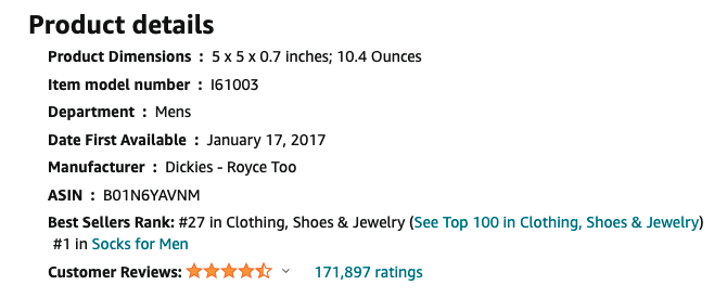 Product details from the Amazon listing of a pair of socks