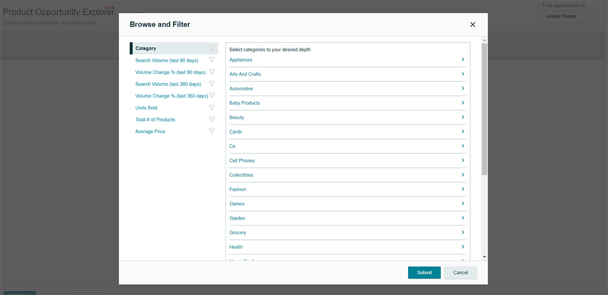 Browse and filter window in Amazon Product Opportunity Explorer