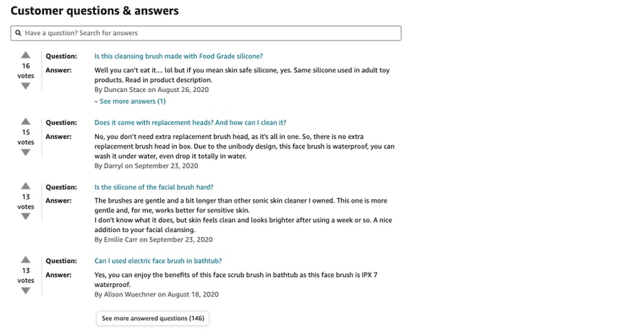 Amazon product page customer questions and answers