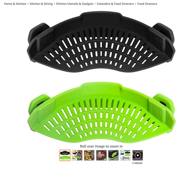 Amazon product photo for a food strainer with image gallery bar beneath it 