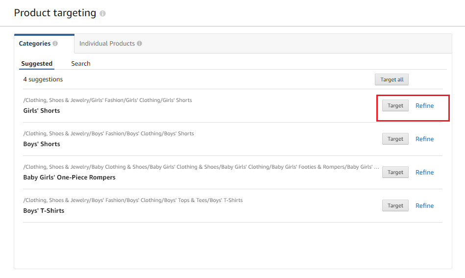 Product targeting categories for PAT ads