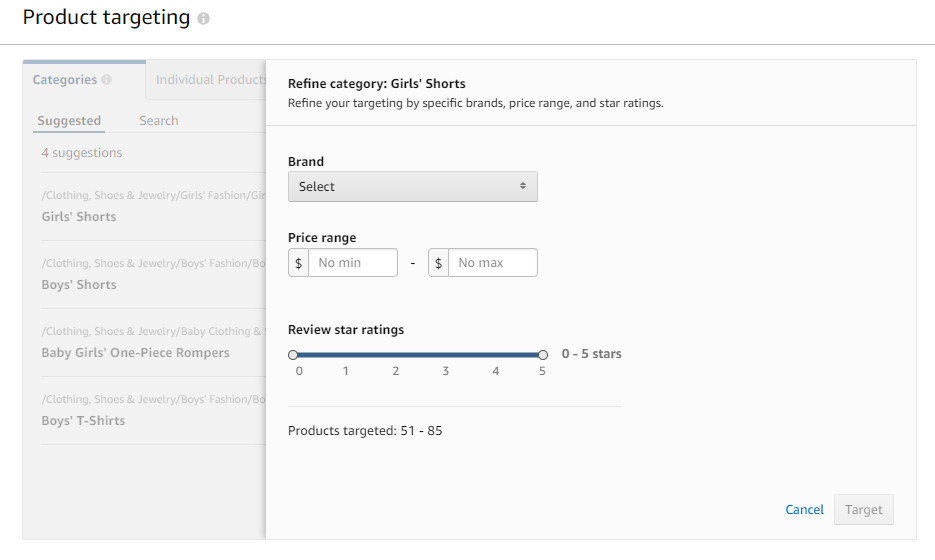 Refine category step for product targeting