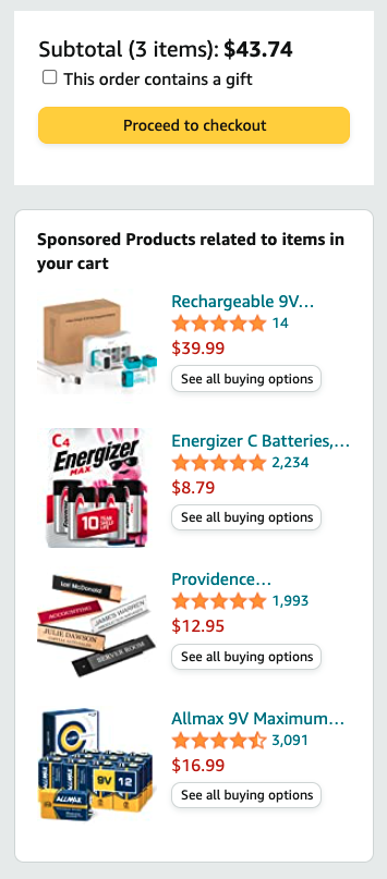 Products left in an Amazon cart