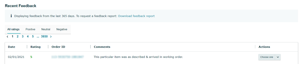 Recent feedback in Seller Central Feedback Manager
