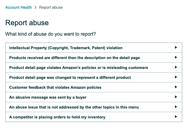 Report abuse options in Amazon Seller Central