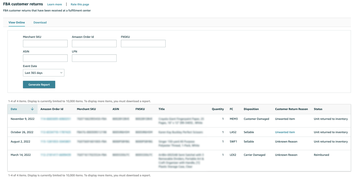 Amazon FBA customer returns report