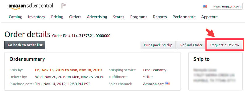 Amazon request a review button in the order details page of Seller Central