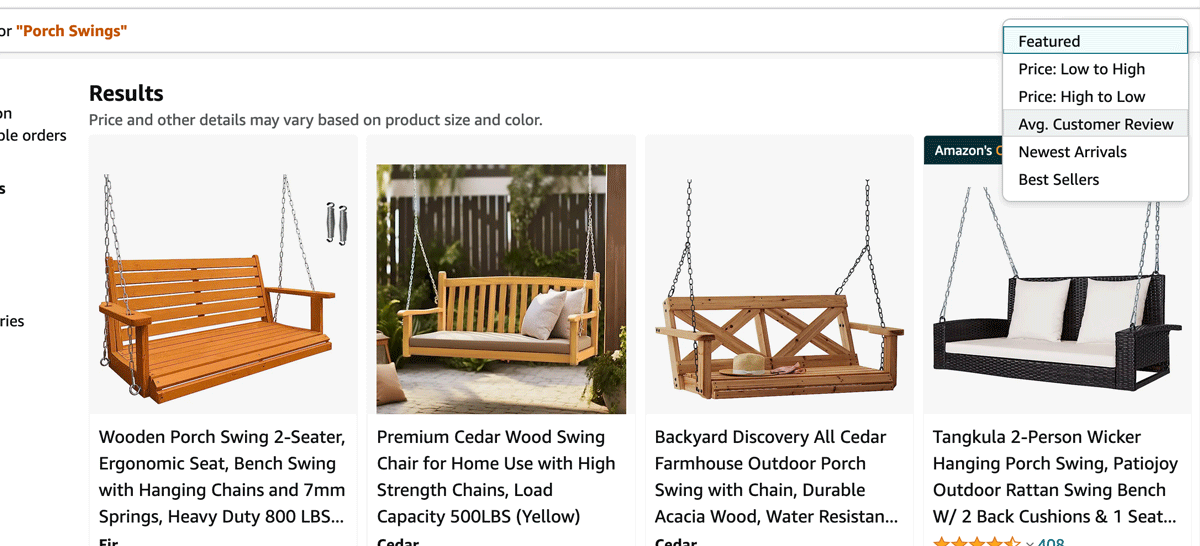 Dropdown menu to sort Amazon Best Sellers with average customer review option highlighted 
