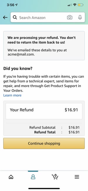 Amazon returnless refund on mobile