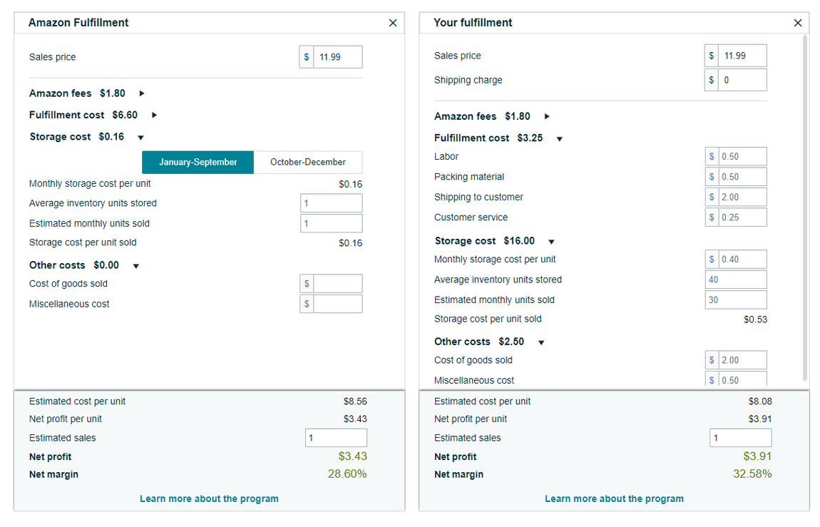 FBA revenue calculator fulfillment options