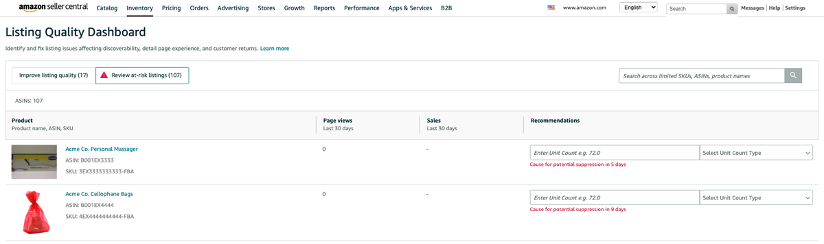 Review at-risk listings tab in the Amazon Listing Quality Dashboard