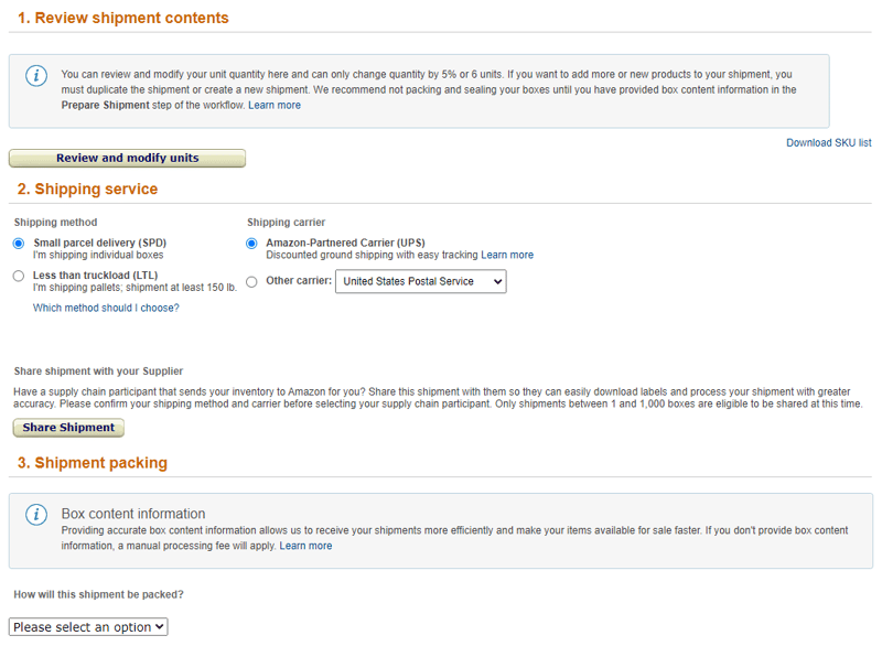 Seller Central window showing review/modify shipment contents, shipping service, and shipment packing options for Amazon FBA