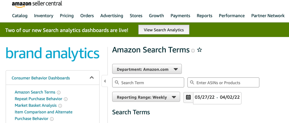 Search analytics dashboard banner announcement in Seller Central