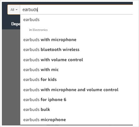 Amazon search for "earbuds"