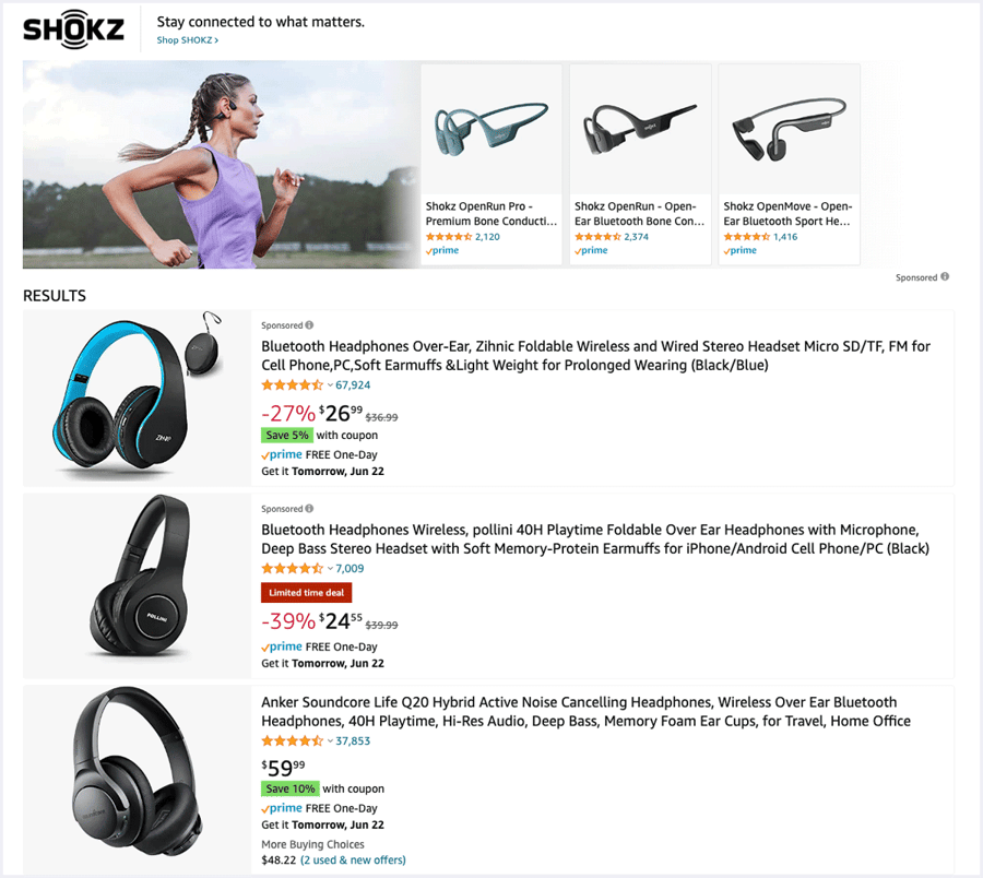 Amazon search result page for headphones